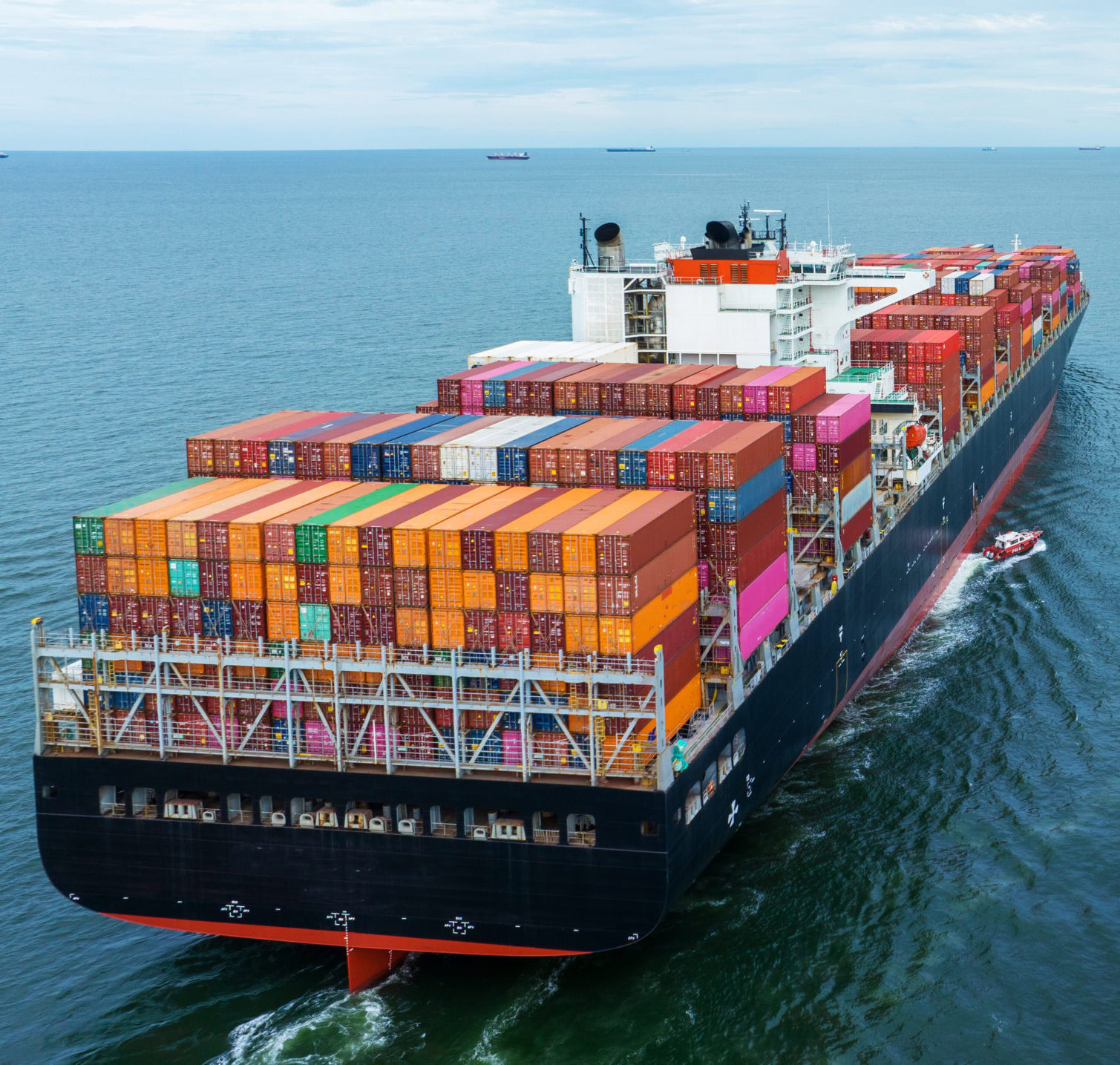 Aerial Stern View Of Cargo Container Ship Carrying Container From Custom Container Depot Go To Ocean Concept Freight Shipping By Ship Service On Blue Sky .freight Forwarding Service