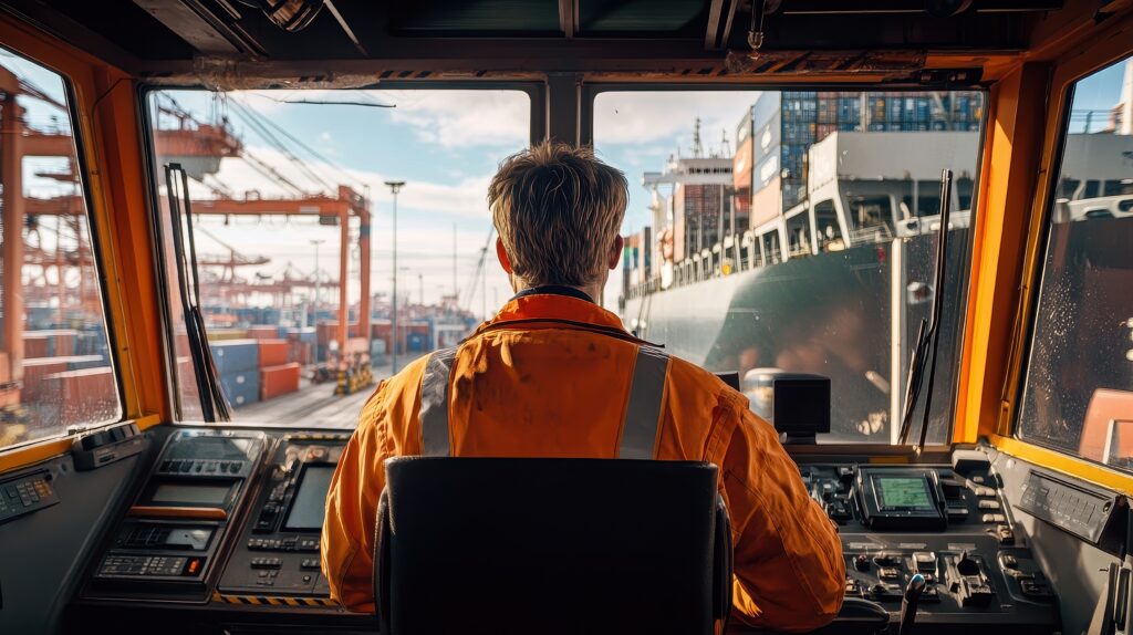 Dynamic Shot Of A Crane Operator Inside The Cabin, Port Activities Visible Through The Windows, Container And Shipping Ship In View