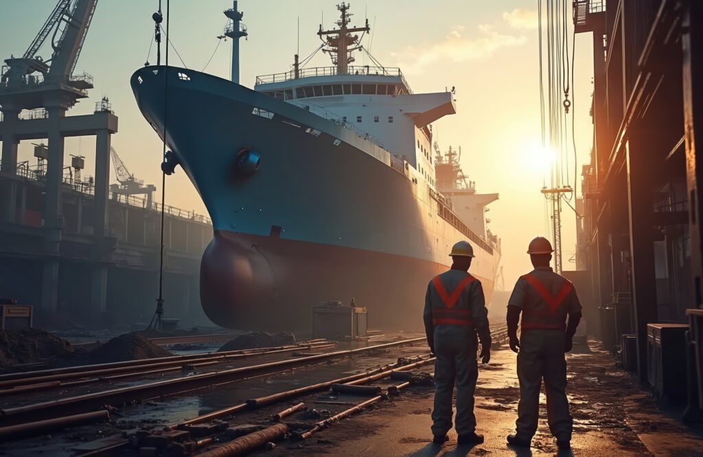 Shipyard Workers Observe Large Ship Under Construction. Industrial Scene At Dock. Workers Wear Safety Gear. Sunrise Or Sunset Lighting. Heavy Metal Construction. Big Vessel. Morning Or Evening Light.