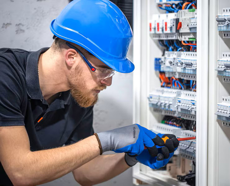 Een Mannelijke Elektricien Werkt In Een Schakelbord Met Een Elektrische Verbindingskabel 169016 52172